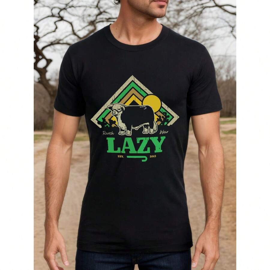 Lazy J Ranch Men's Premium Cotton T-Shirt - 100% Pure Cotton, Breathable & Soft, Casual Crew Neck Tee With Unique "LAZY" Graphic Print - Perfect For Casual Attire, Parties, & Outdoor Activities - Black - View 1