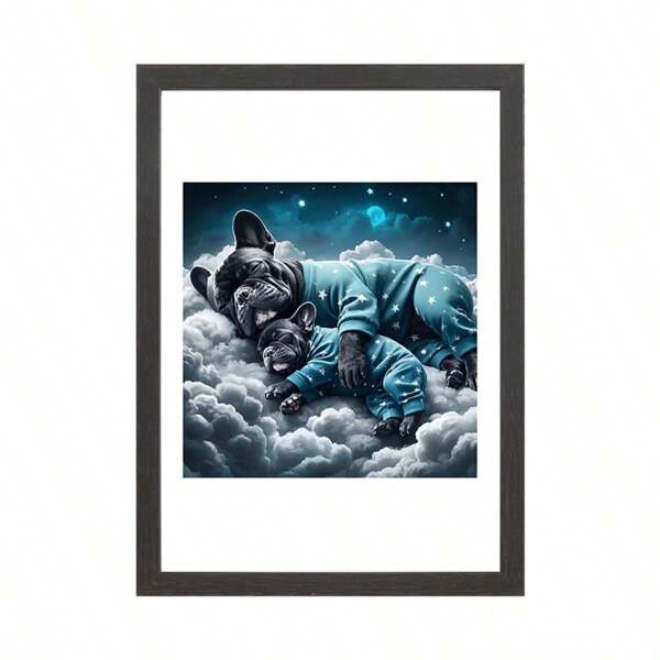 1pc Framed Artwork Of Bulldog Sleeping, Square Design Artistic Craft, Suitable For Desktop Display, Wall Decor Crafts, Holiday Gift, Comes With Damage-Free Wall Nails School Supplies, Back To School