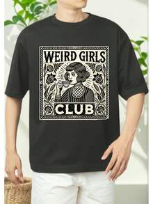Vintage Weird Girls Club Punk Rock Style T-Shirt, 100% Cotton Fabric, Crew Neck, Short Sleeve, Casual Men'S All-Match, Spring Summer All-Season Casual Wear, 220gsm - Ideal For Valentines New Year'S Day Father'S Day Christmas - 黑色 - 查看 4