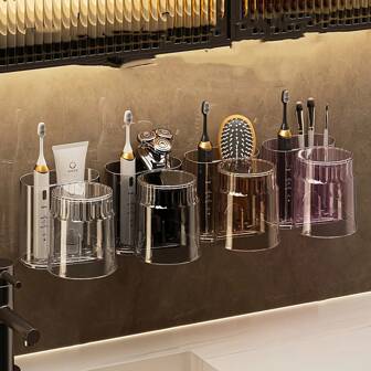 1 套牙刷架（带漱口杯）、浴室杯架、情侣壁挂式杯架、浴室牙刷牙膏收纳架、牙刷架、化妆品收纳架、剃须刀收纳、梳子收纳、返校浴室配件