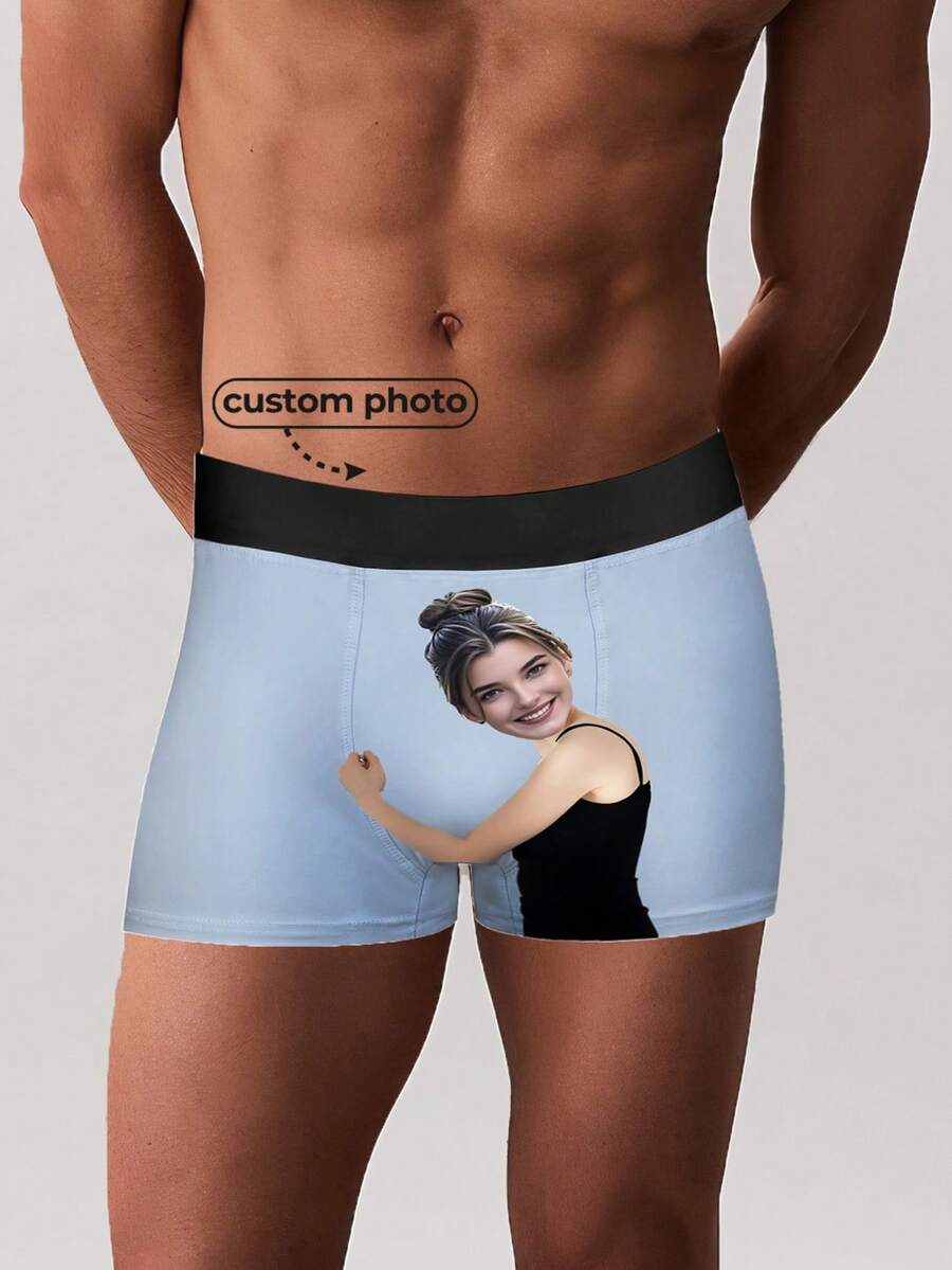 男士定制男士平角内裤，送给男友、父亲、丈夫，可印照片，情人节、生日、父亲节礼物，夏季款。 - 藍色 - 查看 1