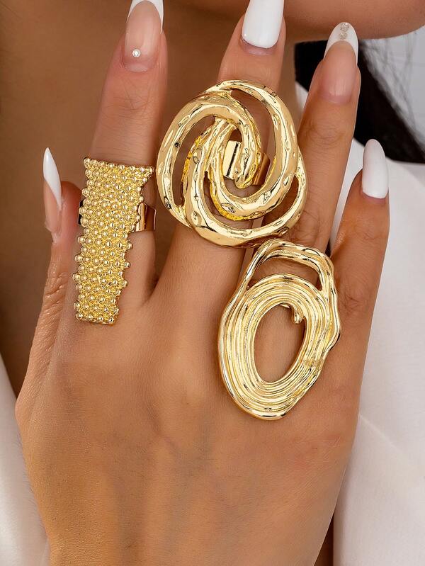 Set de 3 anillos versátiles y de moda con diseño de onda geométrica, que se pueden usar por separado o apilados, joyas de metal elegantes para mujeres, adecuadas para uso diario, vacaciones, fiestas, citas, regalos, ropa casual