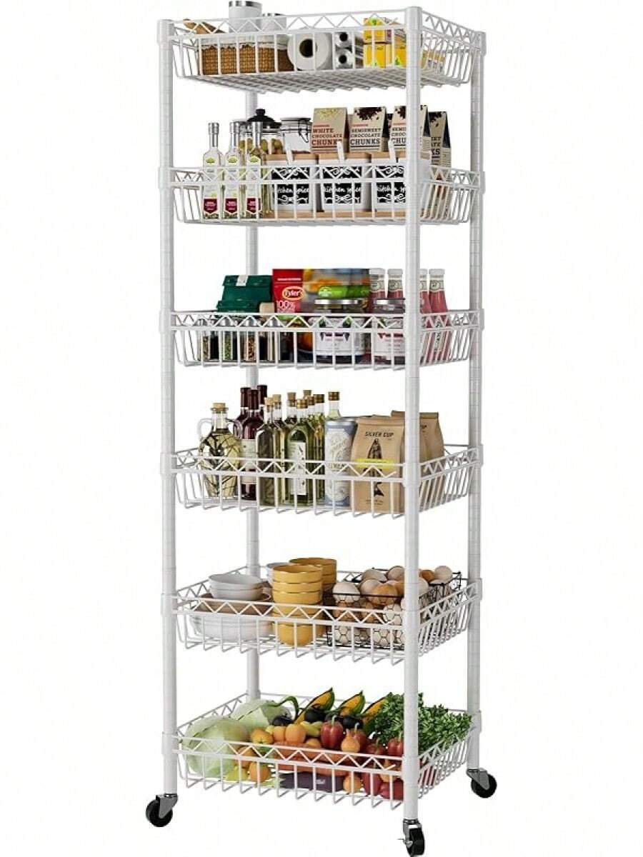 6 Tier Wire Shelving Unit With Wheels Baskets Storage Rack Corner Shelves Adjustable Shelf Closet Bathroom Organizers Metal Pantry Kitchen Garage Laundry Room 13.5" D X 13.5" W X 63" H Silver - White - View 1