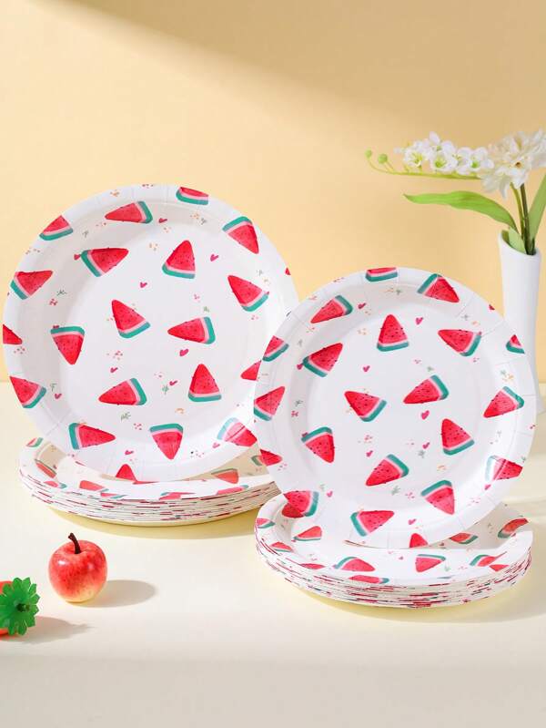 Pappteller mit Wassermelonen Muster auf weißem Hintergrund, wegwerfbare Teller geeignet für 25 Gäste, Party Zubehör, Dekoration für Geburtstag, Zeremonie, Geschenke