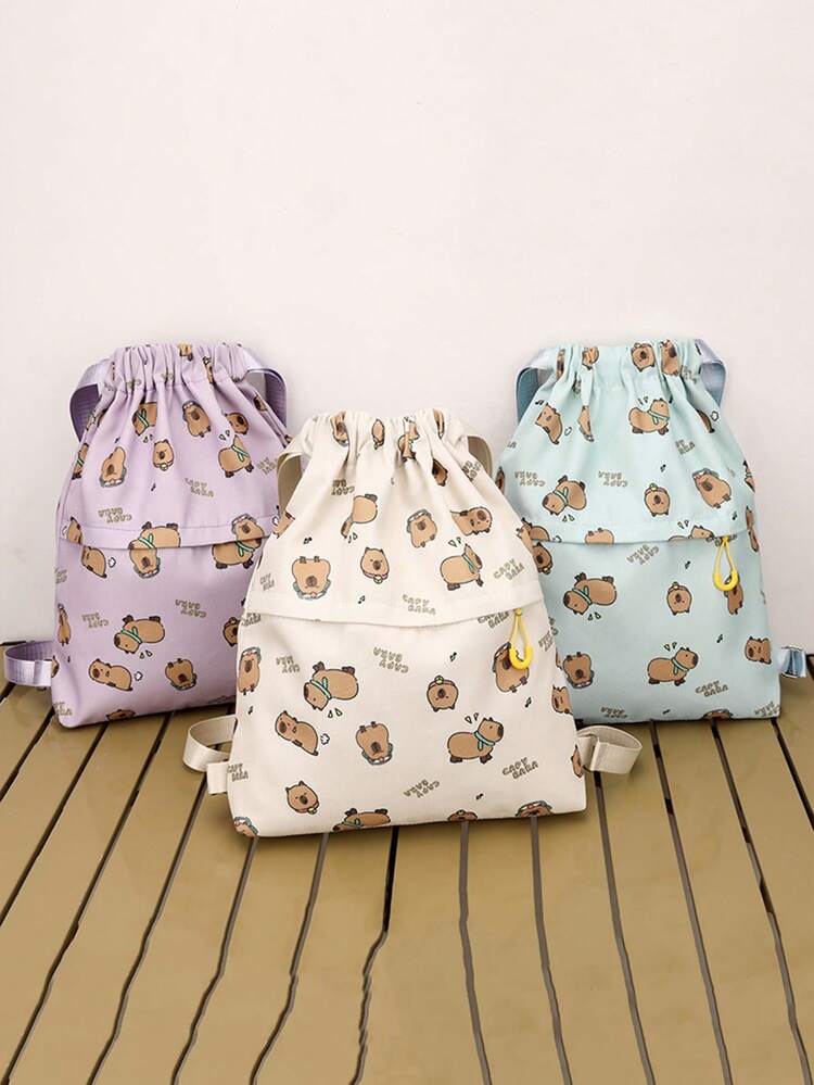 1pc Lightweight And Large Capacity Full Print Capybara Pattern Printed Bundle Backpack Drawstring Bag Travel School Bag, Fashionable And Popular, Suitable For School, Spring Outings, Picnics, Exquisite Appearance, Excellent Texture, Drawstring Closure, Suitable For Boy And Girl, It Is The Best Choice To Give As A Gift To Friends And Family. - Capybara Drawstring Bag - View 2