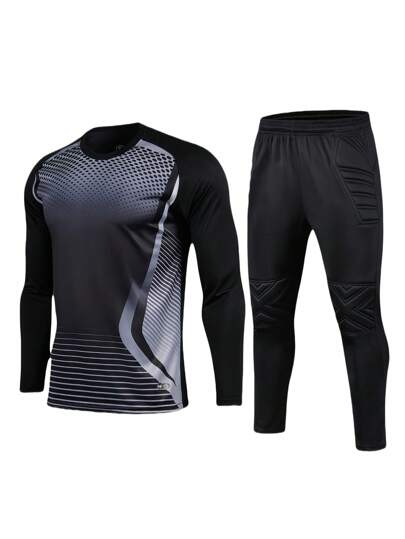 2pcs/Set Soccer Goalkeeper Padded Elbow Shirt With Anti-Slip Chest Straps, Breathable Long Sleeve T-Shirt With Colorblocking Stripes + Goalkeeper Padded Long Pants With Elastic Waist, For Training, Match And Activities