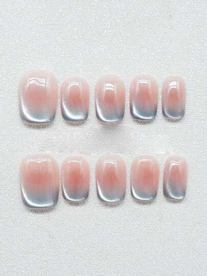 10 pezzi di punte per unghie corte sfumate in blu velato, di alta qualità, con forma allungata a occhio di gatto, decorazioni per unghie fatte a mano, unghie finte, forniture per unghie