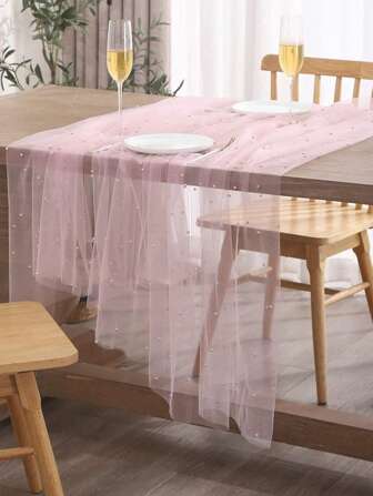 1pc Faux Pearl Decor Tulle Fabric, White/Pink/Champagne Sheer Bridal Wedding Tablecloth