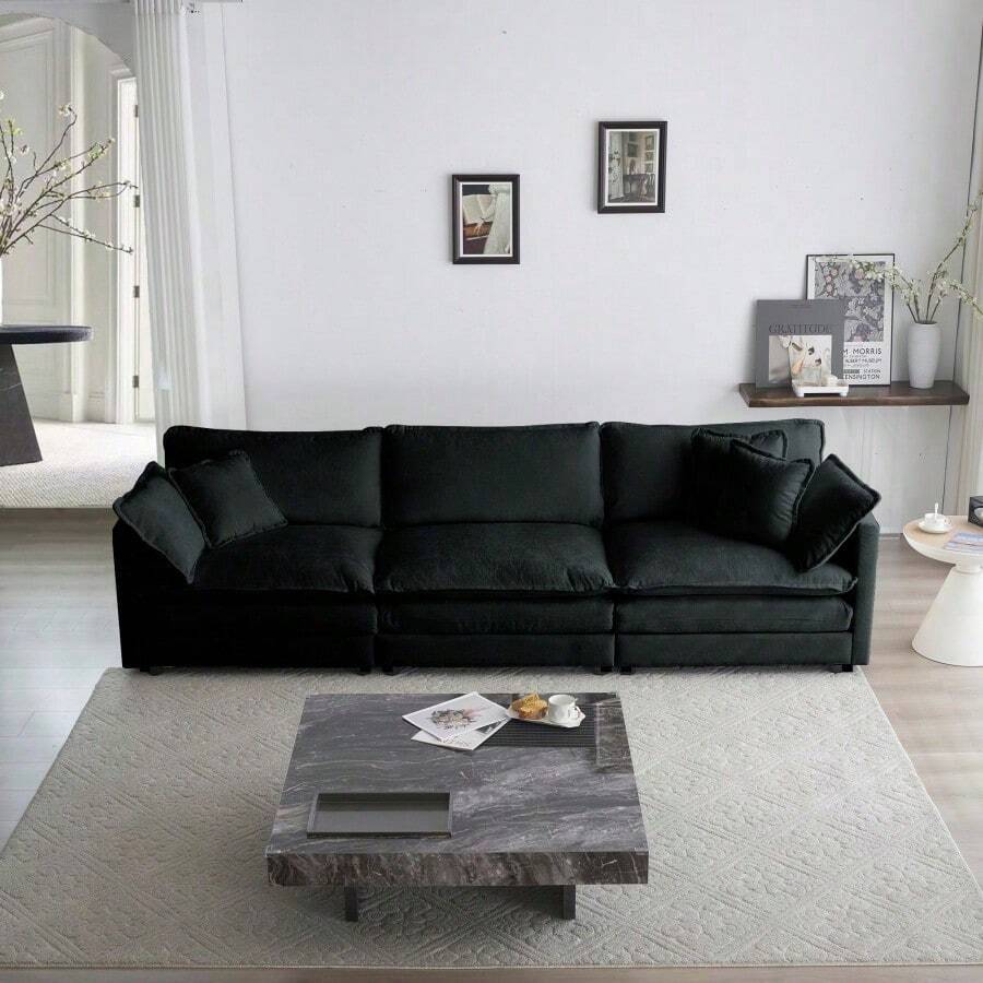 Sofá de 3 plazas de estilo moderno de mediados de siglo con 2 cojines de reposabrazos y 3 cojines adicionales, sofá para sala de estar de chenilla negra - 1 - Ver 1