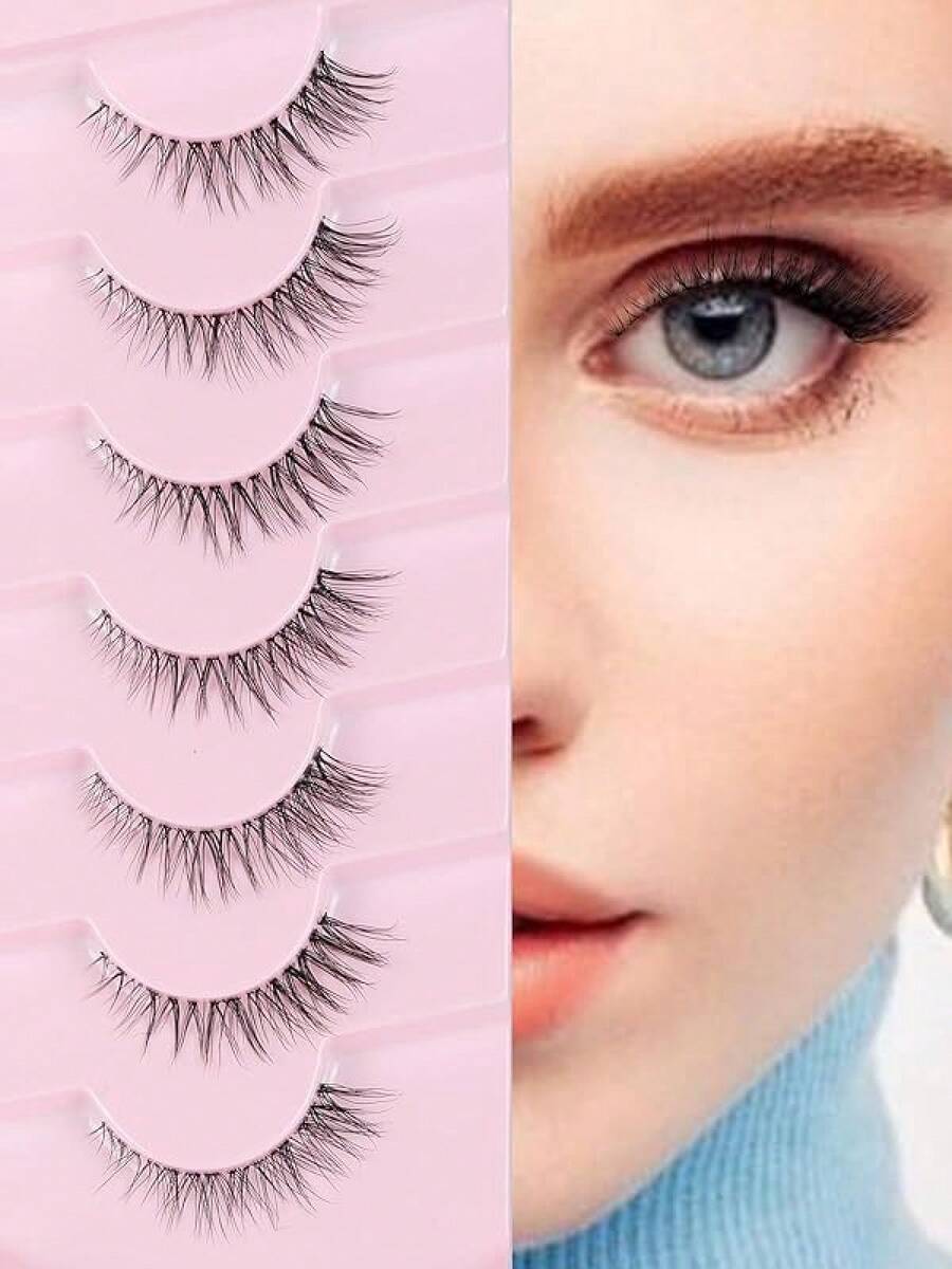 Natural Cat Eye Lashes False Eyelashes Natural 12mm Wispy Eyelashes With Thin Band 3D Volume False Lashes Soft Eye Lashes Pack C Curl Natural Eyelashes Fake Lashes 7 Pair - Short - View 1