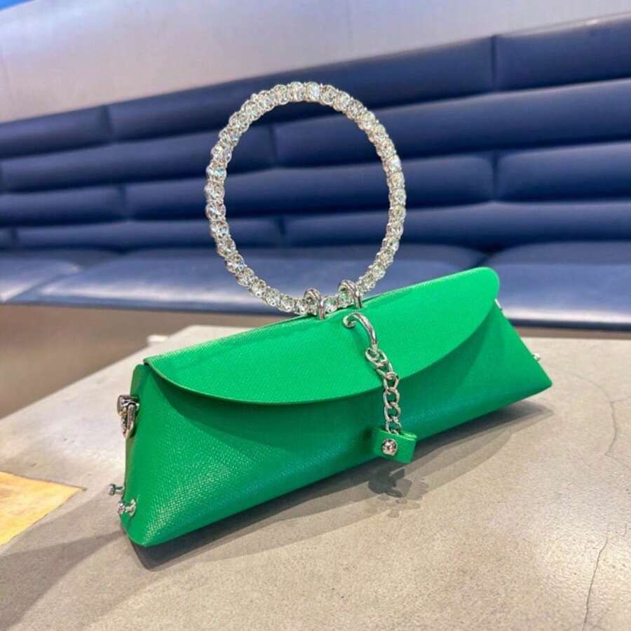 Ladies Dinner Bag Rhinestones 2025 Designer Purse Ring Handbag Shoulder Bag - Green - View 1