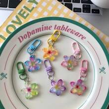 6pcs New Resin Double-Color Jasmine Flower Keychain, Fashionable Floral Pendant Key Chain For Car, Backpack Decoration