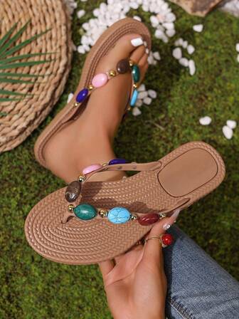 新款编织绳底时尚水钻装饰平底凉鞋，舒适休闲夏季沙滩拖鞋，浪漫复古经典简约休闲平底凉鞋，精致奢华罗马假日沙滩派对圆头平底女凉鞋，意式宫廷风甜美可爱文艺优雅高端舒适透气轻便露趾沙滩平底凉鞋，森林风度假轻便舒适休闲平底凉鞋