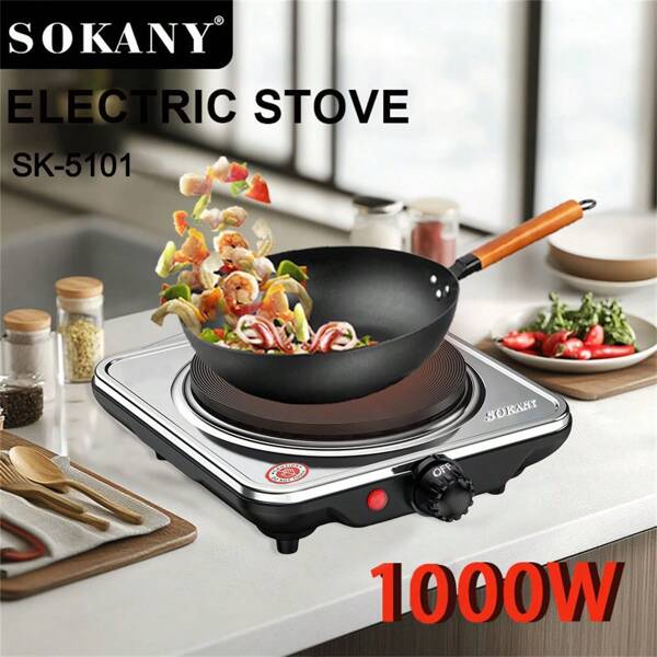 SOKANY Cocina eléctrica SOKANY, placa eléctrica electromagnética, placa de cocción portátil eléctrica, 1000W de alta potencia, 5 niveles de control de temperatura, superficie de acero inoxidable, luz indicadora de calentamiento, control de temperatura incorporado, protección contra sobrecalentamiento. Adecuado para todo tipo de utensilios de cocina, muy apropiado para autocaravana/hogar/camping/apartamento/laboratorio