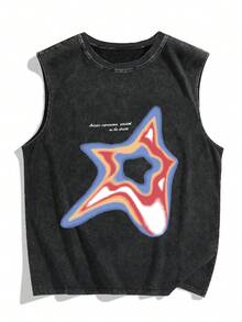 Plus Size Men's Casual Y2K Streetwear Star & English Letter Print Round Neck Washed Tank Top, Versatile Sleeveless Top For Daily Wear, Spring/Summer - Black - View 4