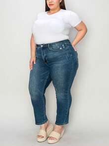 Women's Casual Jeans Urban Tummy Control High-Waisted Denim Pants Medium Blue Full Length Button And Zipper Closure Stretch Fit For Casual Everyday Wear