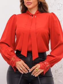 Elegant Women's Formal Blouse V Neck With Bow Lace Embroidered Blouse, Flared Sleeve Blouse, Lace Women's Tops - 橘色 - 查看 1