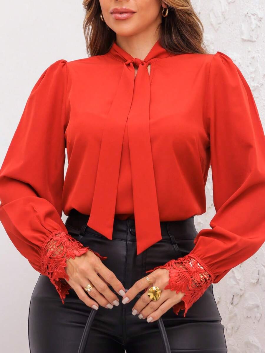 Elegant Women's Formal Blouse V Neck With Bow Lace Embroidered Blouse, Flared Sleeve Blouse, Lace Women's Tops - 橘色 - 查看 1