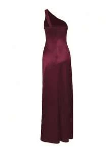 WOWDARK Women's Plus Size Autumn One Shoulder Ruched Slit Dress - Burgundy - View 4