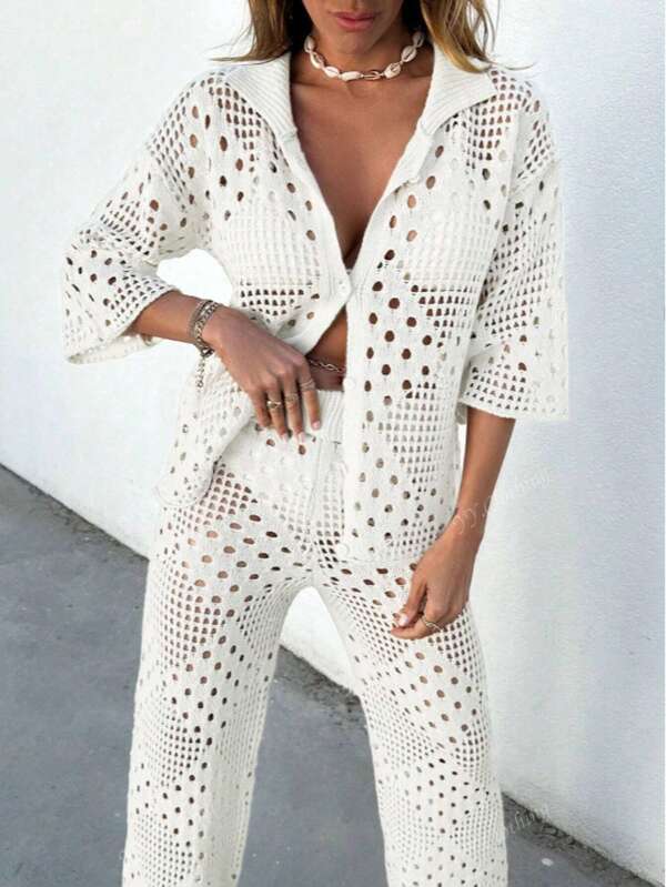 Vacation Casual Openwork Knit Two Piece Set For Women