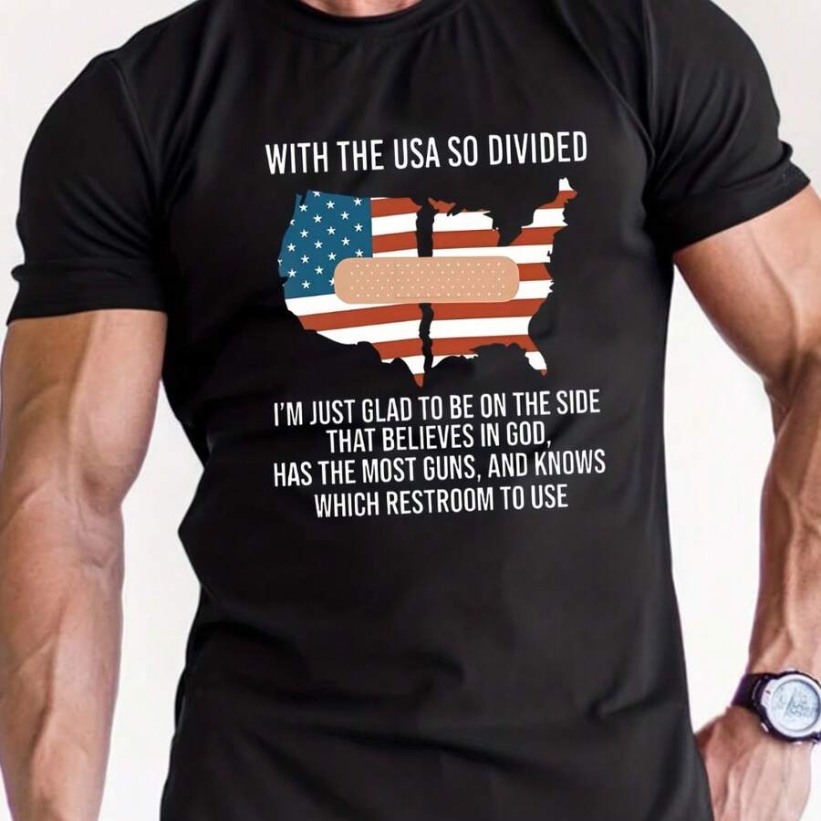 Camisetas gráficas de cuello redondo con vendajes adhesivos con bandera estadounidense, camisetas casuales, blusas de manga corta cómodas, ropa de verano para hombres - Negro - Ver 1