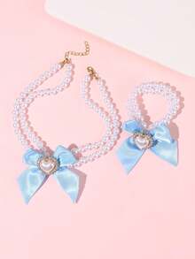 2pcs/Set Girl's Faux Pearl & Bow Decor Necklace & Bracelet Set - Pearl Beads - View 7