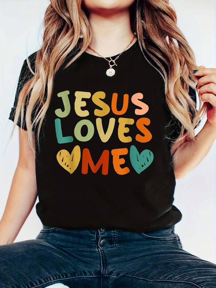 Groovy Jesus Loves Me Biblical Christian Retro T-Shirt- Women's Clothing Printed Graphic Tee For T-Shirt Lovers For All Seasons - 黑色 - 查看 1