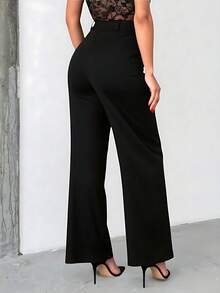 Liu Fashion Women's Wide Leg Pants With Fake Pocket, Formal And Elegant - 黑色 - 查看 2