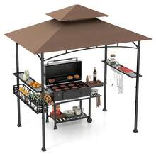 8 X 5 FT BBQ Grill Gazebo W/ 2 Side Shelves Storage Basket Hanging Hooks Outdoor - Brown and Black - View 1