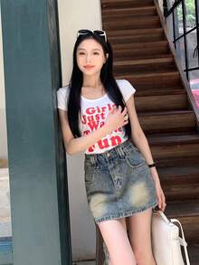 女士高腰带口袋休闲百搭A字牛仔迷你裙 - 藍色 - 查看 3