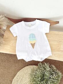 Bộ đồ liền thân cotton tay ngắn họa tiết kem dành cho trẻ sơ sinh Unisex, mùa hè - trắng - Xem 5