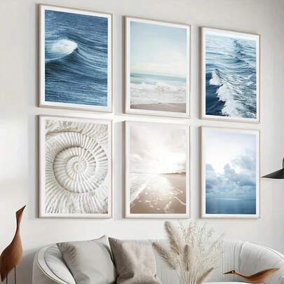 1 pieza Pintura en lienzo de regalo con olas del océano azul, impresión de escenario natural nórdico para decorar las paredes de la sala de estar y el dormitorio, opcional con marco