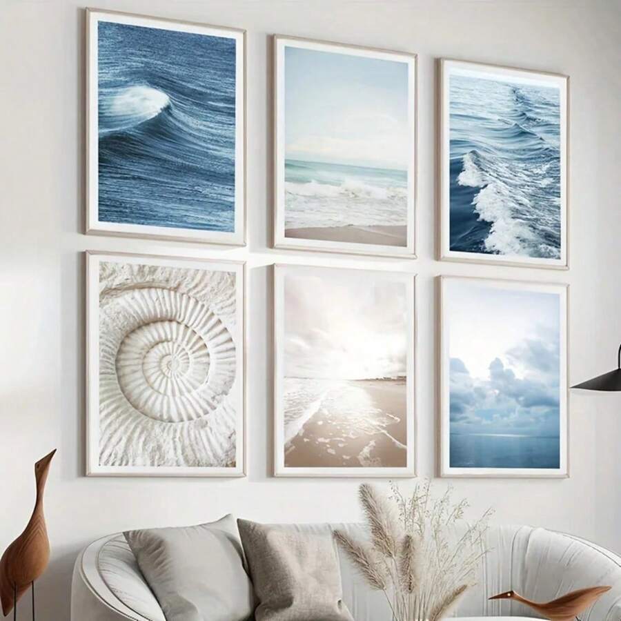 1pc Gift Blue Ocean Waves Beach Canvas Painting Nordic Natural Scenery Print Posters For Modern Living Room Bedroom Wall Arts Home Decor Optional Frame ,Wall Art With Frame - Multicolor - View 1