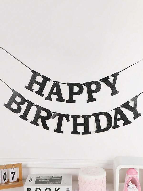 2pcs - Happy Birthday Shiny Gold Glitter Black Birthday Banner Flag