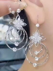 时尚夸张多层大圆形耳环，女士时尚个性高档优雅吊坠耳环 - 銀色 - 查看 5