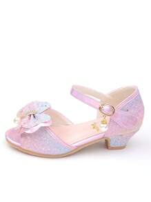 Girls' Crystal High Heel Sandals, Princess Shoes With Bowknot, Colorful Dress Shoes With Sequins