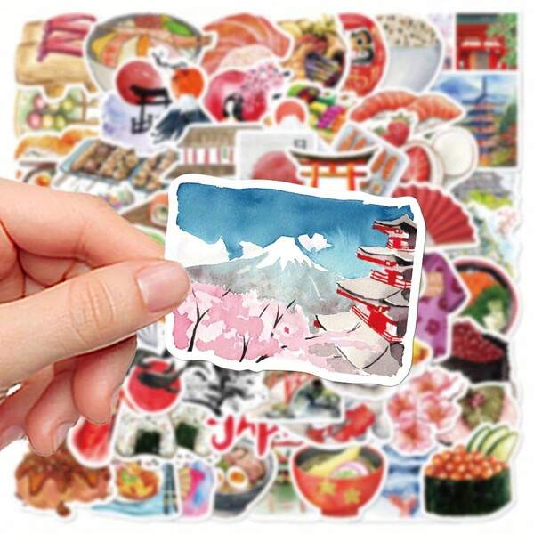 64pcs/Pack Watercolor Japanese Vintage Romantic Aesthetic Stickers, Cute Interesting Doodle Vinyl Stickers For Party Decor, Gifts, Luggage, Skateboards, Cups, Helmets, Stationery