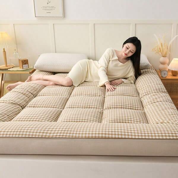 Stück ultraweiche, extra dicke, atmungsaktive, gesteppte Matratzenauflage – Gingham-Muster, Ganzjahreskomfort mit Polyesterfüllung, maschinenwaschbar – ideal für Schlafzimmer, Gästezimmer, Wohnheim, Matratze in voller Größe
