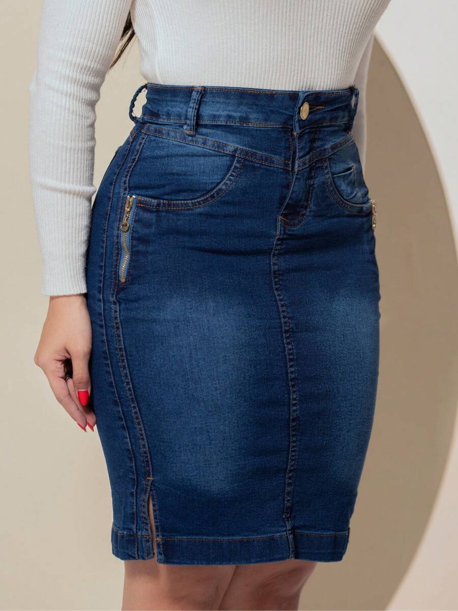 Evangelical Jeans Skirt With Zipper Detail - Medium Wash - View 1