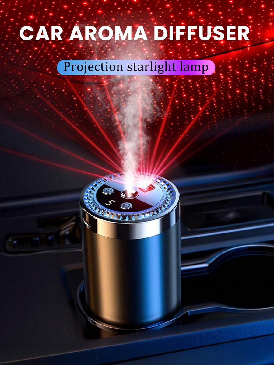 USB Automatic Car Diffuser Set (5 Essential Oils Options), Equipped With Starlight Projection Lamp, Smart Car Aromatherapy Diffuser - 5 Working Modes, 5 Adjustable Concentrations, Auto Start/Stop With Vehicle, Built-In Battery, Rechargeable Car Fragrance Diffuser, Air Freshener, Suitable For Bedroom, Bathroom, Living Room, Office Deodorization - Rechargeable Battery, Compatible With Essential Oils/Air Fresheners