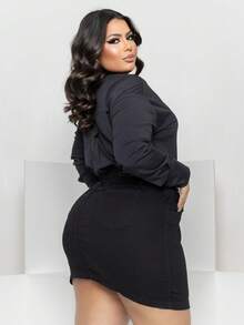 Plus Size Beige Plain High Waist Jeans Skirt With Hem - 黑色 - 查看 5