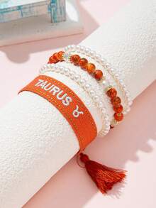 4pcs/Set Girls' 12 Zodiac Beaded Pearl Bracelet Set