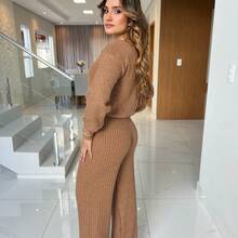 Women's Knitted Mousse Cropped Top And Pants Set Winter Blouse And Pants Set - 新款米色套裝 - 查看 3