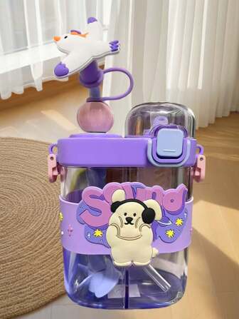 New Design Children Square Water Bottle, Kids' High-Quality Dual Chamber Spiral Straw Cup For School Use