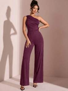 Swisz Women's Casual Asymmetrical Pleated Wide Leg Jumpsuit With Long Tank Top - 酒紅色 - 查看 5