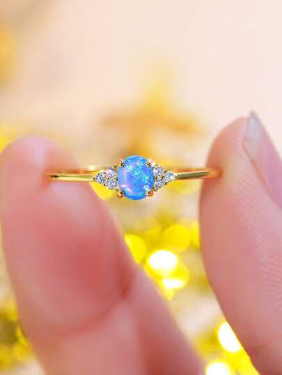 1pc 925 Sterling Silver 18k Gold Plated Cubic Zirconia And Oval Australian Blue Opal Ring For Women, Engagement, Daily Wear, Holiday, Fine Jewelry Gift