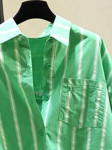 Unique Design Green Striped Blouse For Women, Spring New Loose-Fit Slimming Casual Top, Polyester Pleated/Ruffle Striped Shirt, Travel Spring Summer Autumn Winter