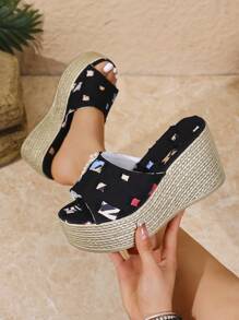 Women's Fashion Platform Wedge Sandals, Black Patch Thick Bottom Slide Sandals For Spring & Summer