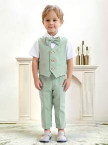 3 Peças/Conjunto Terno Infantil Masculino, Colete + Calça + Gravata Borboleta Combinando, Traje Formal de Festa, Cerimônia, Anfitrião, Terno de Gentleman, Verão