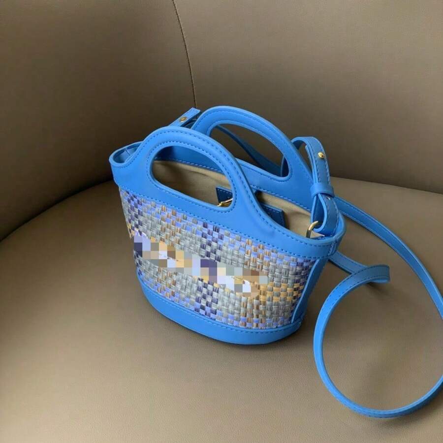 Vegetable Basket, Straw Woven Bag, Summer Small Bag, Raffia Bag, Shoulder Bag. - Blue Grid - View 1